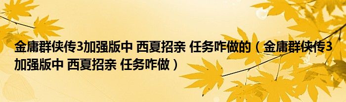 金庸群侠传3加强版中 西夏招亲 任务咋做的【金庸群侠传3加强版中 西夏招亲 任务咋做】