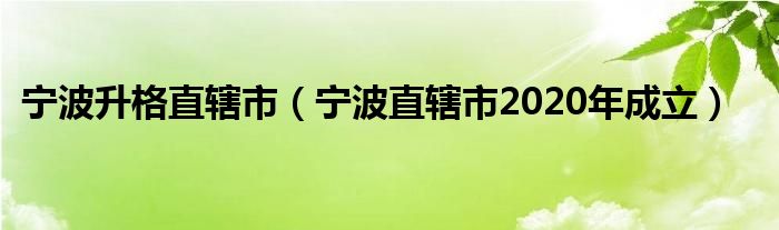 宁波升格直辖市【宁波直辖市2020年成立】