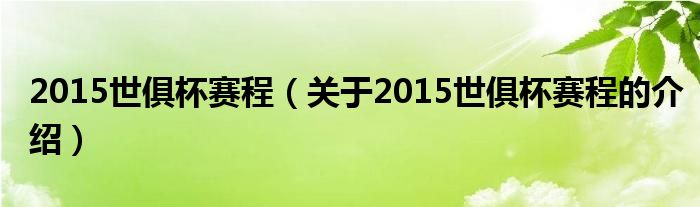 2015世俱杯赛程【关于2015世俱杯赛程的介绍】